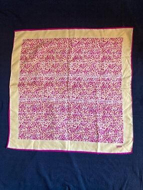 Vintage Silk 21 inch square bright Fuchsia and Yellow Patterned Scarf